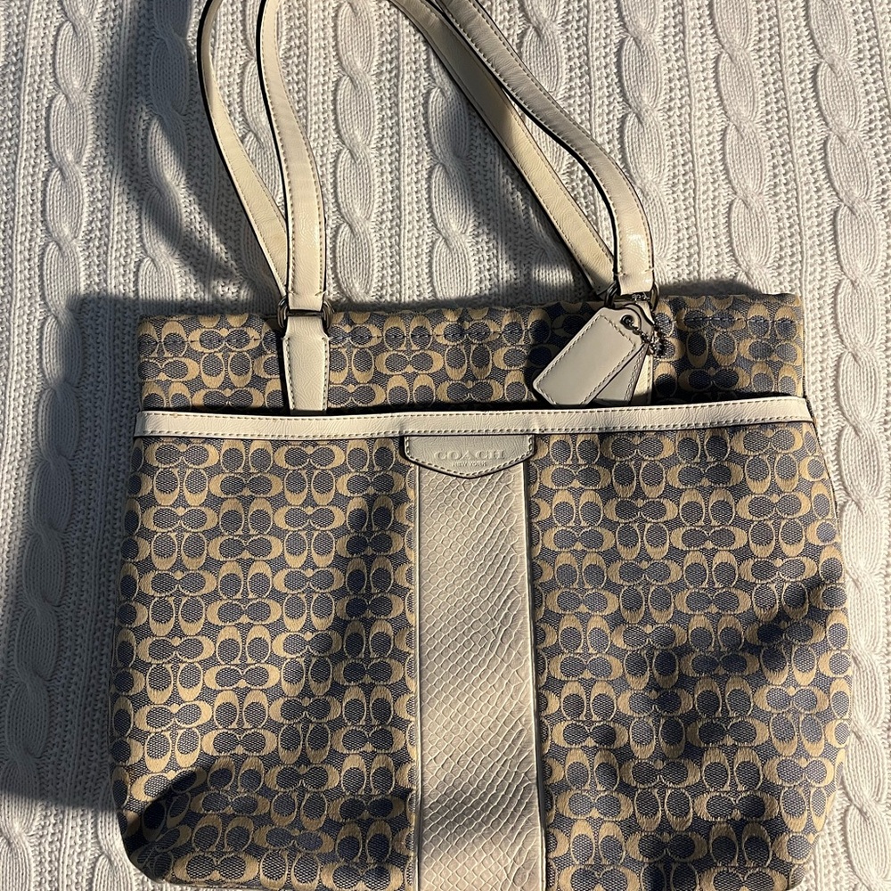 Coach Beige and Blue Signature Tote Bag